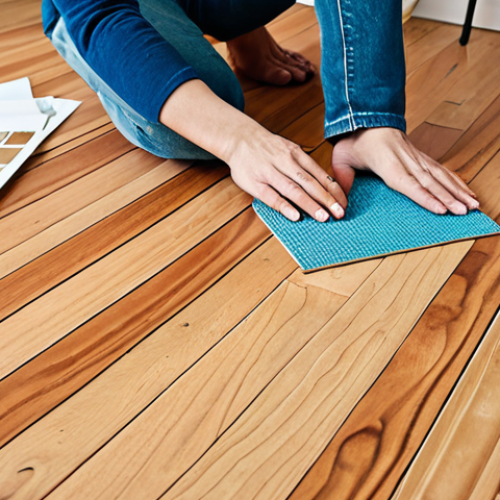 A thoughtful person in a bright, modern Swedish home, surrounded by various flooring samples on the floor, including classic wood parquet, realistic laminate, and a sample of sustainable recycled flooring. The scene captures the initial overwhelming feeling of choosing materials for a renovation, emphasizing diversity in texture and color, under natural light.