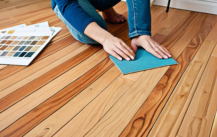 A thoughtful person in a bright, modern Swedish home, surrounded by various flooring samples on the floor, including classic wood parquet, realistic laminate, and a sample of sustainable recycled flooring. The scene captures the initial overwhelming feeling of choosing materials for a renovation, emphasizing diversity in texture and color, under natural light.